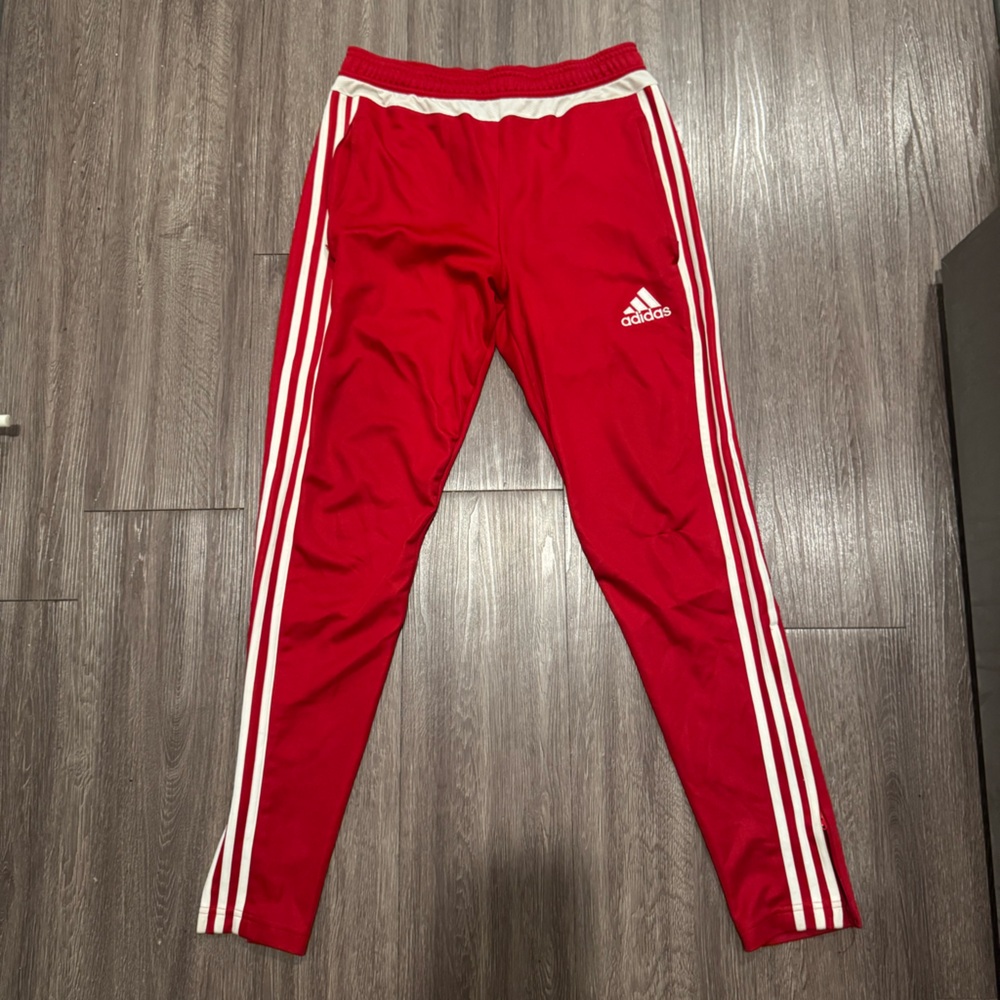 Adidas Red and White Joggers with Classic Stripes